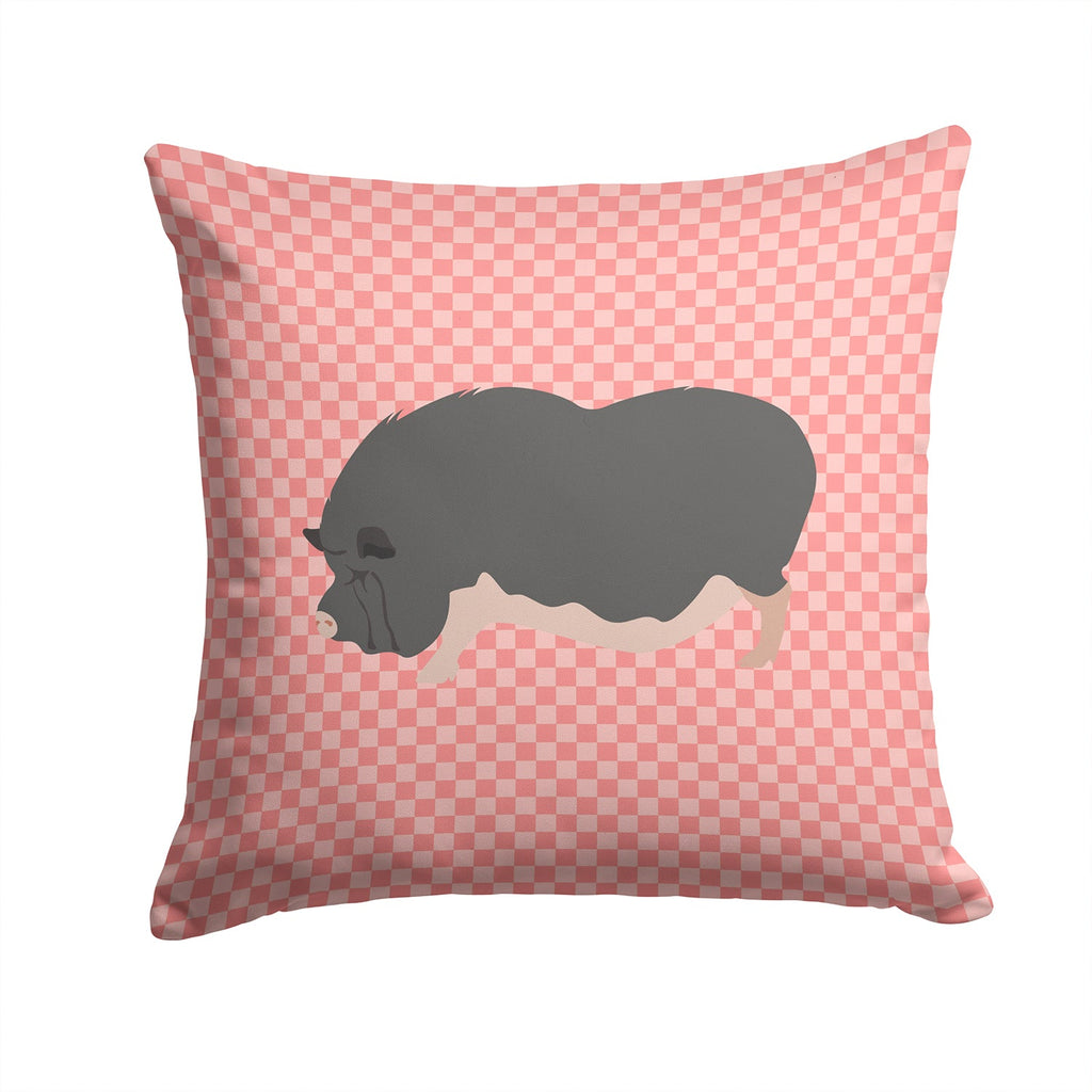 Vietnamese Pot-Bellied Pig Pink Check Decorative Throw Pillow 14x14 Indoor Outdoor Accent Cushion, Fabric Cover with Insert for Sofa, Bed, Porch & Living Room
