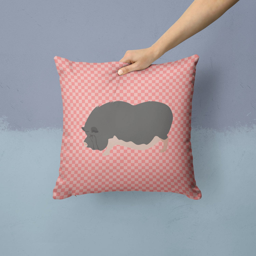 Vietnamese Pot-Bellied Pig Pink Check Decorative Throw Pillow 14x14 Indoor Outdoor Accent Cushion, Fabric Cover with Insert for Sofa, Bed, Porch & Living Room