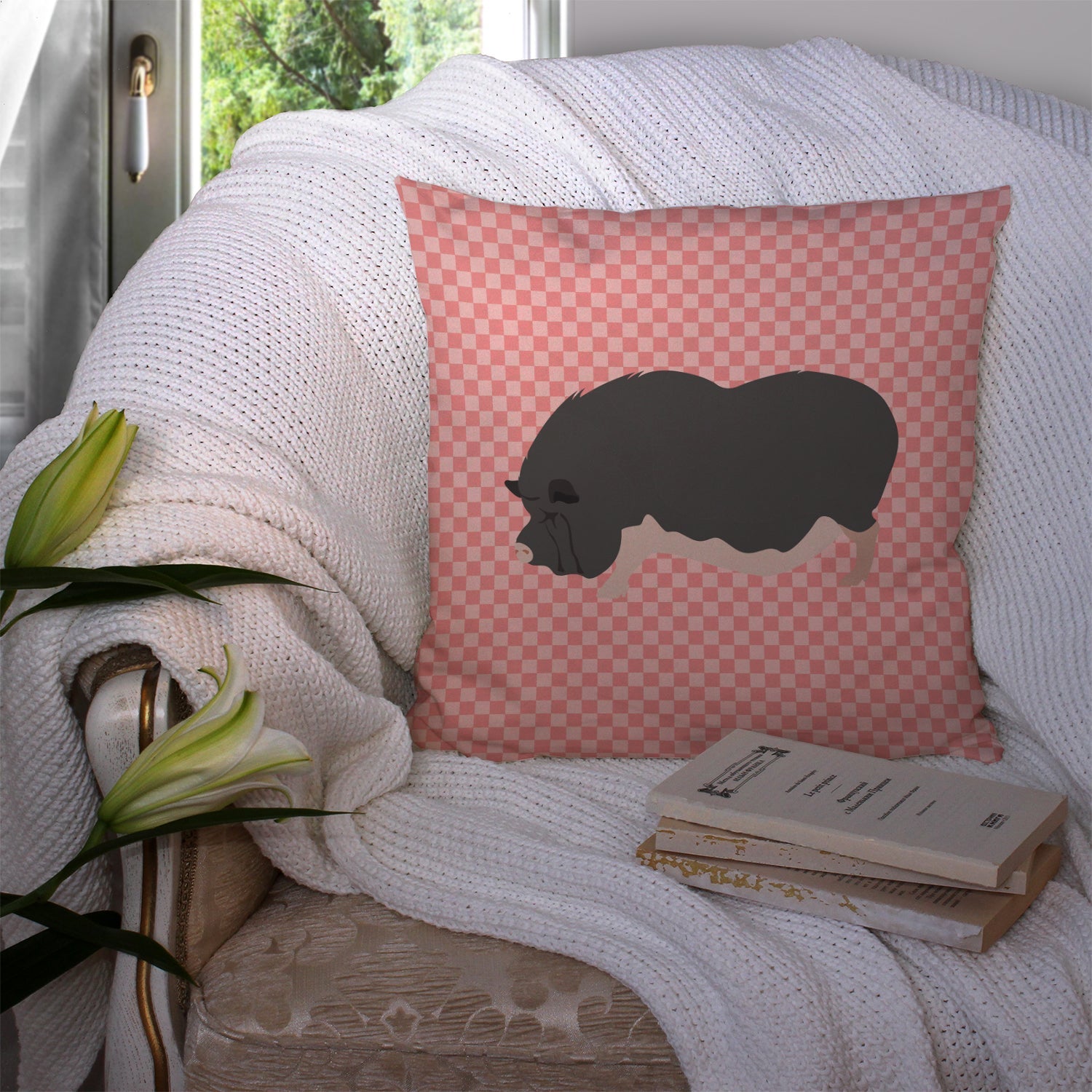 Vietnamese Pot-Bellied Pig Pink Check Decorative Throw Pillow 14x14 Indoor Outdoor Accent Cushion, Fabric Cover with Insert for Sofa, Bed, Porch & Living Room
