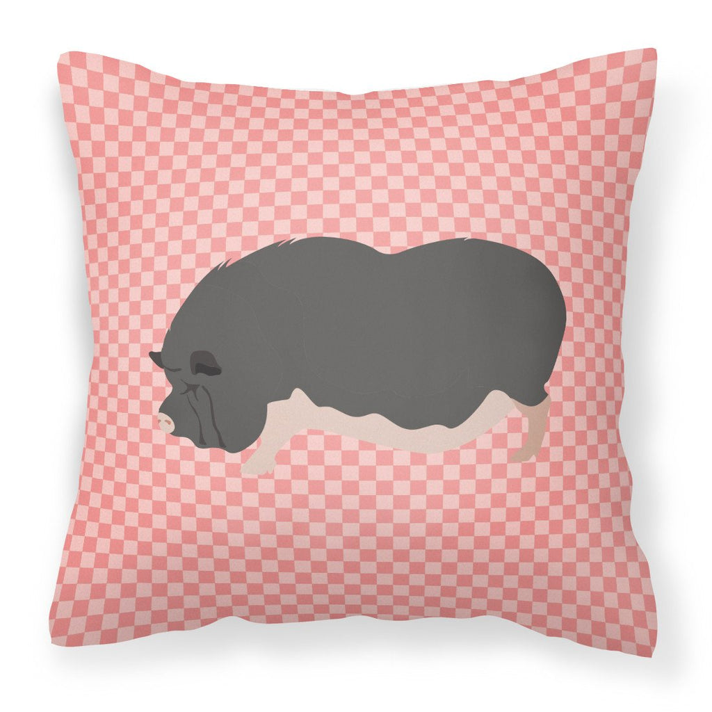 Vietnamese Pot-Bellied Pig Pink Check Decorative Throw Pillow 18x18 Indoor Outdoor Accent Cushion, Fabric Cover with Insert for Sofa, Bed, Porch & Living Room