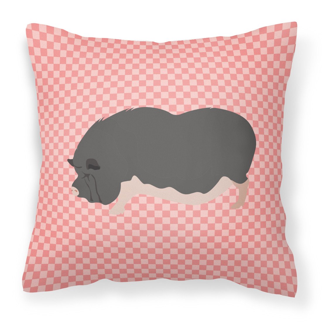 Vietnamese Pot-Bellied Pig Pink Check Decorative Throw Pillow 18x18 Indoor Outdoor Accent Cushion, Fabric Cover with Insert for Sofa, Bed, Porch & Living Room