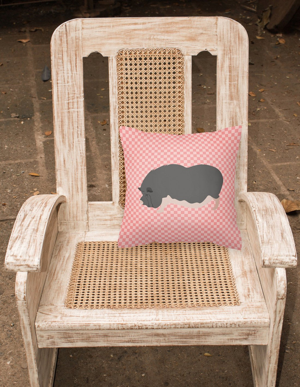 Vietnamese Pot-Bellied Pig Pink Check Decorative Throw Pillow 18x18 Indoor Outdoor Accent Cushion, Fabric Cover with Insert for Sofa, Bed, Porch & Living Room