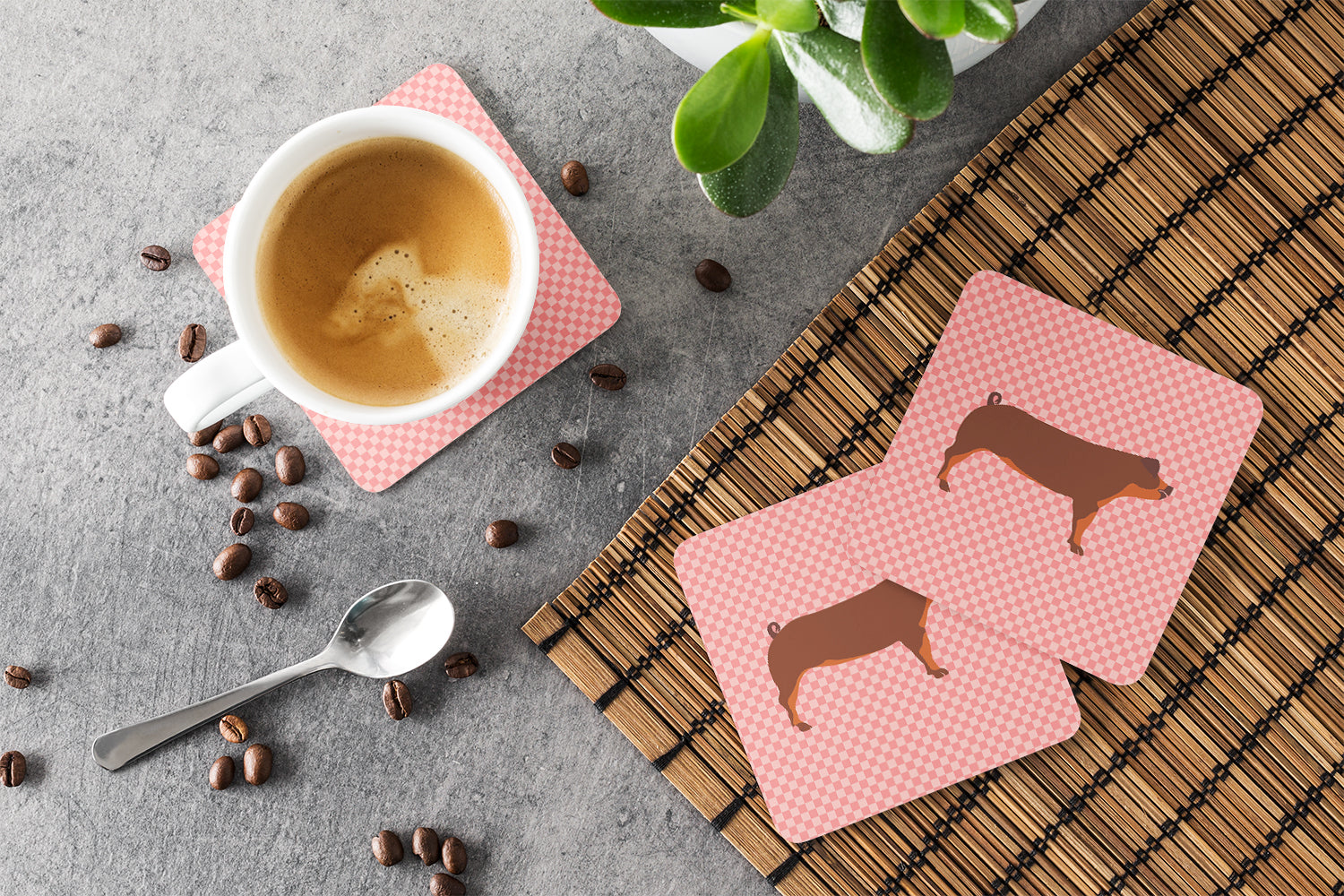 Duroc Pig Pink Check Foam Coasters Set of 4 Cup Coasters for Indoor Outdoor, Tabletop Protection, Anti Slip, Mouse pad Material