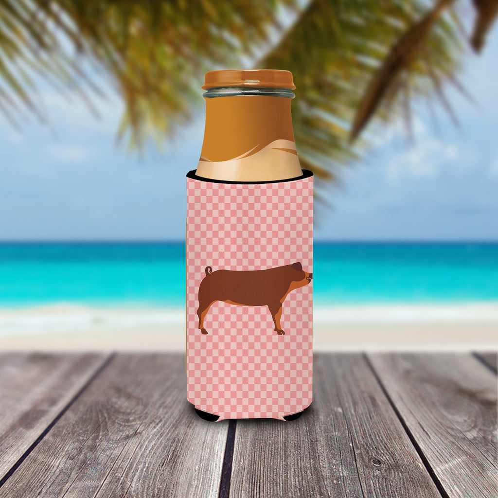 Duroc Pig Pink Check Slim Can Hugger , Insulated Foam Hugger for 12 oz Slim Cans, Beer Bottles & Water Bottles, Printed in USA