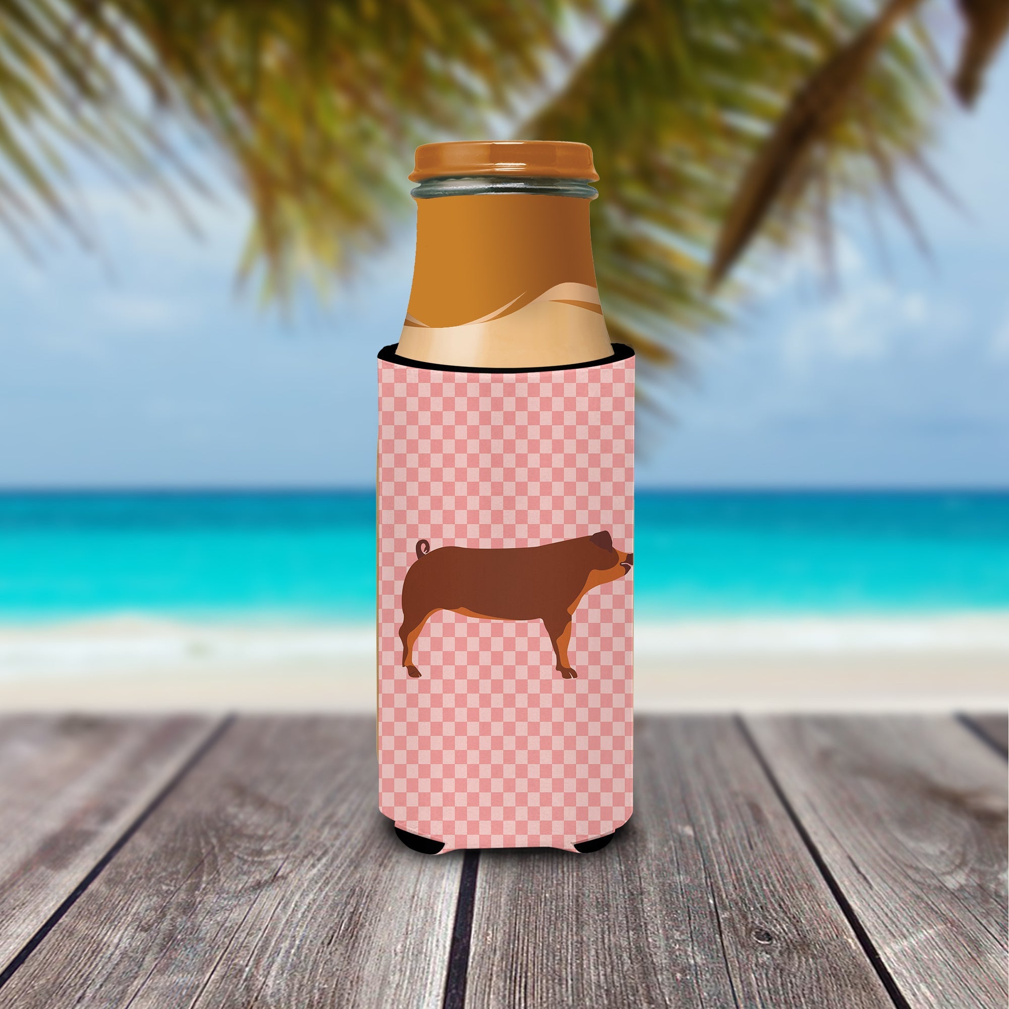 Duroc Pig Pink Check Slim Can Hugger , Insulated Foam Hugger for 12 oz Slim Cans, Beer Bottles & Water Bottles, Printed in USA