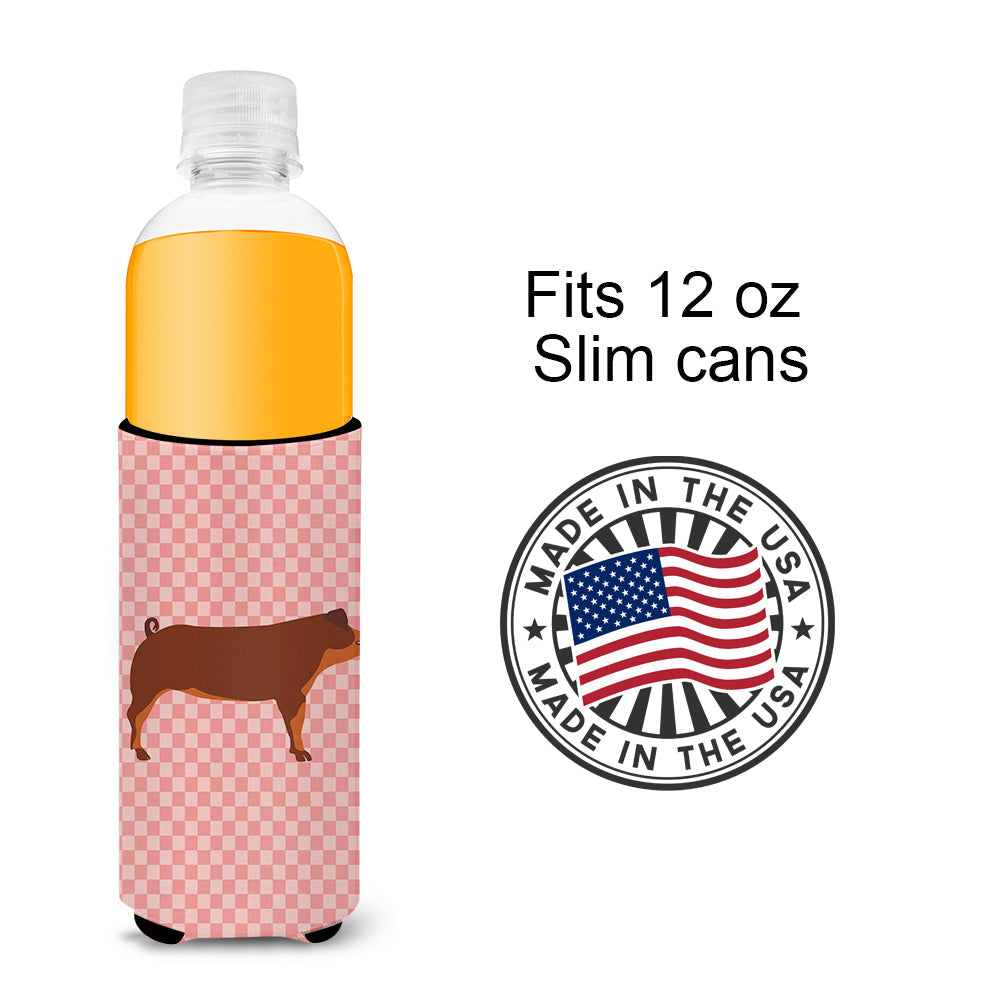 Duroc Pig Pink Check Slim Can Hugger , Insulated Foam Hugger for 12 oz Slim Cans, Beer Bottles & Water Bottles, Printed in USA