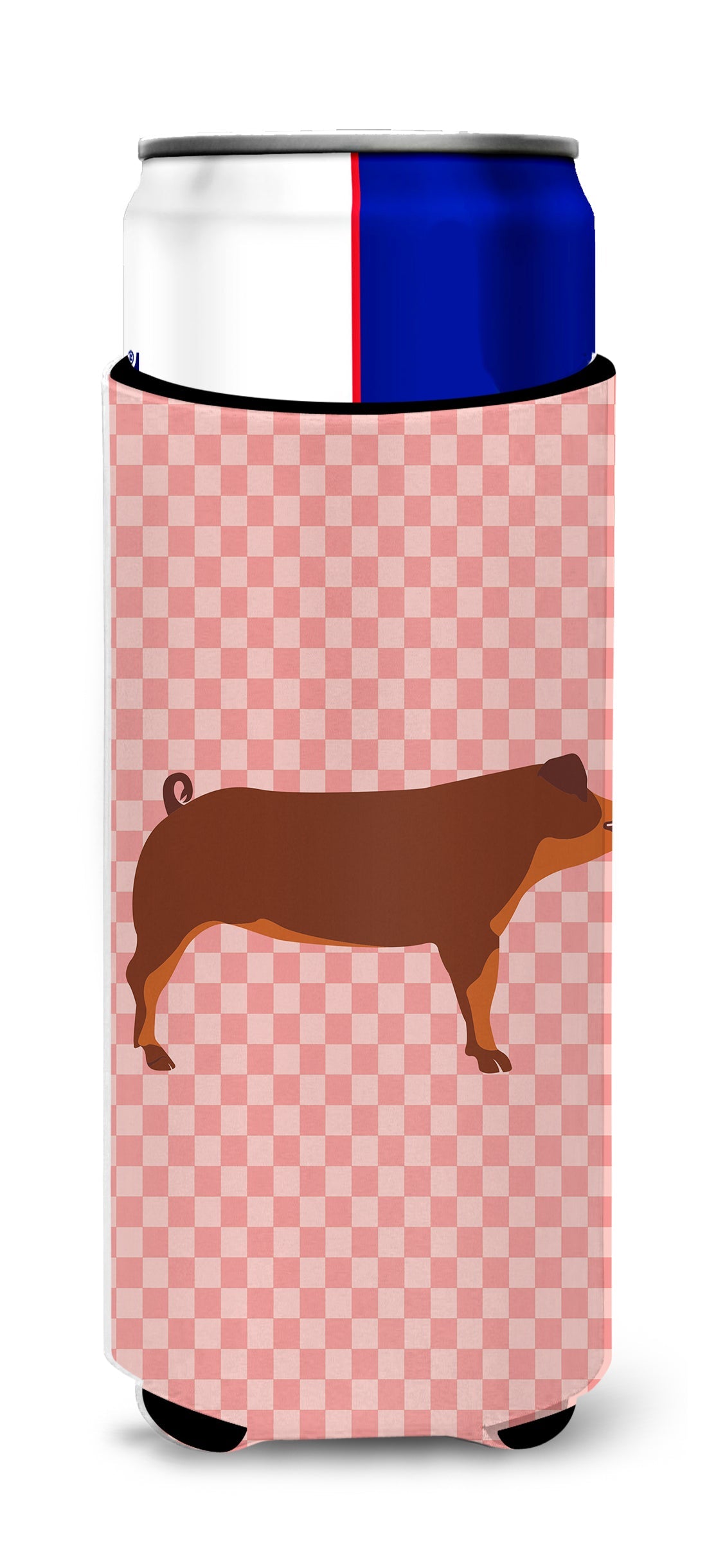 Duroc Pig Pink Check Slim Can Hugger , Insulated Foam Hugger for 12 oz Slim Cans, Beer Bottles & Water Bottles, Printed in USA