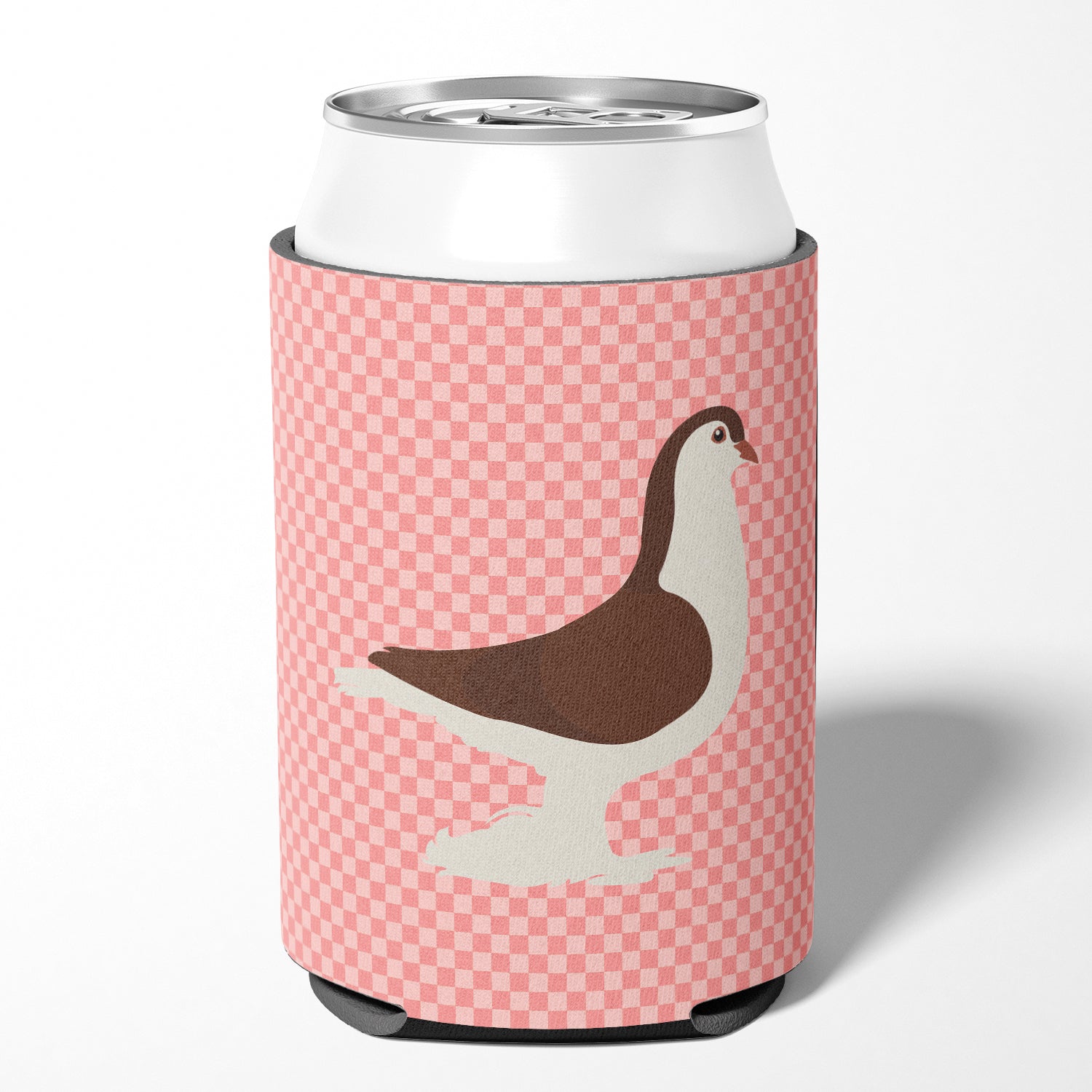 Large Pigeon Pink Check Can or Bottle Hugger Cooler Sleeve for Standard 12 oz Cans, Insulated Foam Beer & Soda Can Hugger Reusable