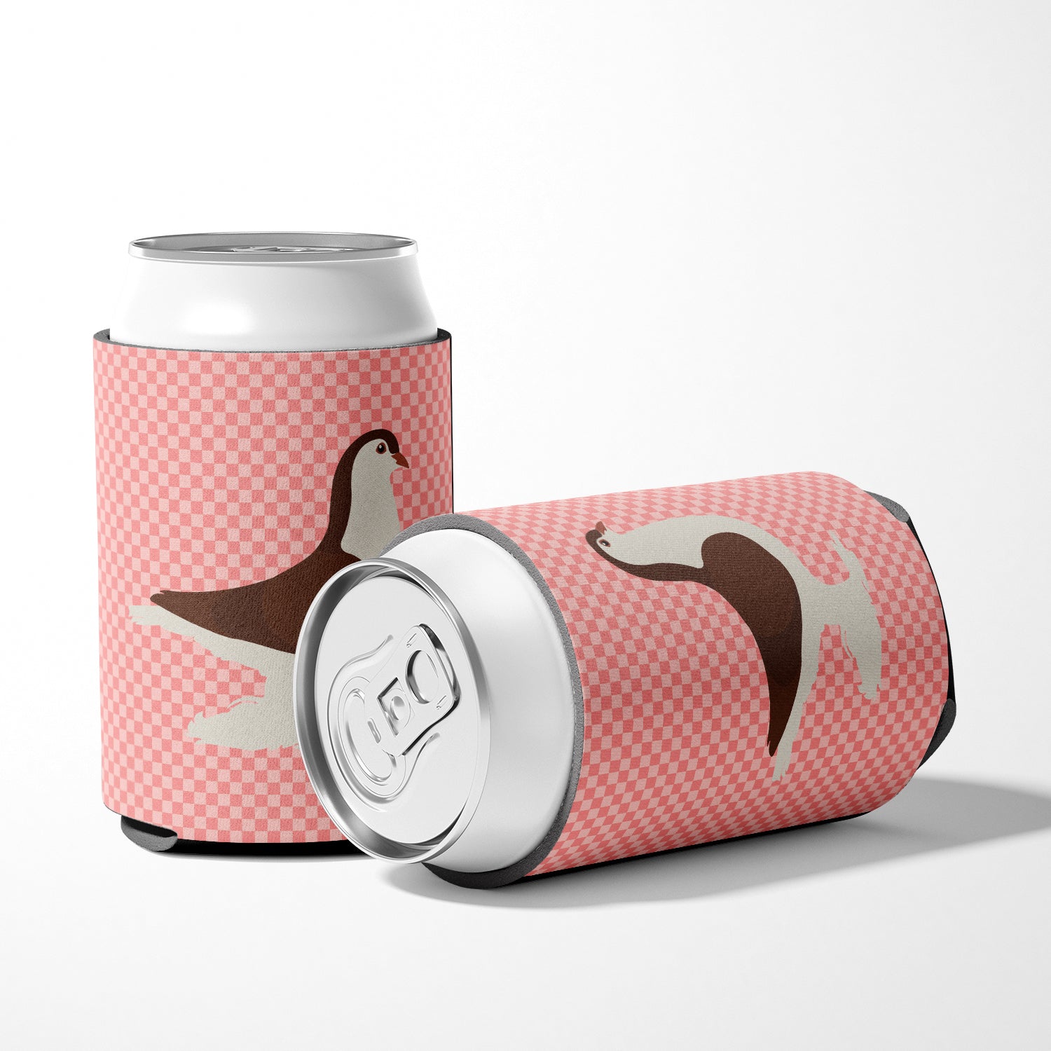 Large Pigeon Pink Check Can or Bottle Hugger Cooler Sleeve for Standard 12 oz Cans, Insulated Foam Beer & Soda Can Hugger Reusable