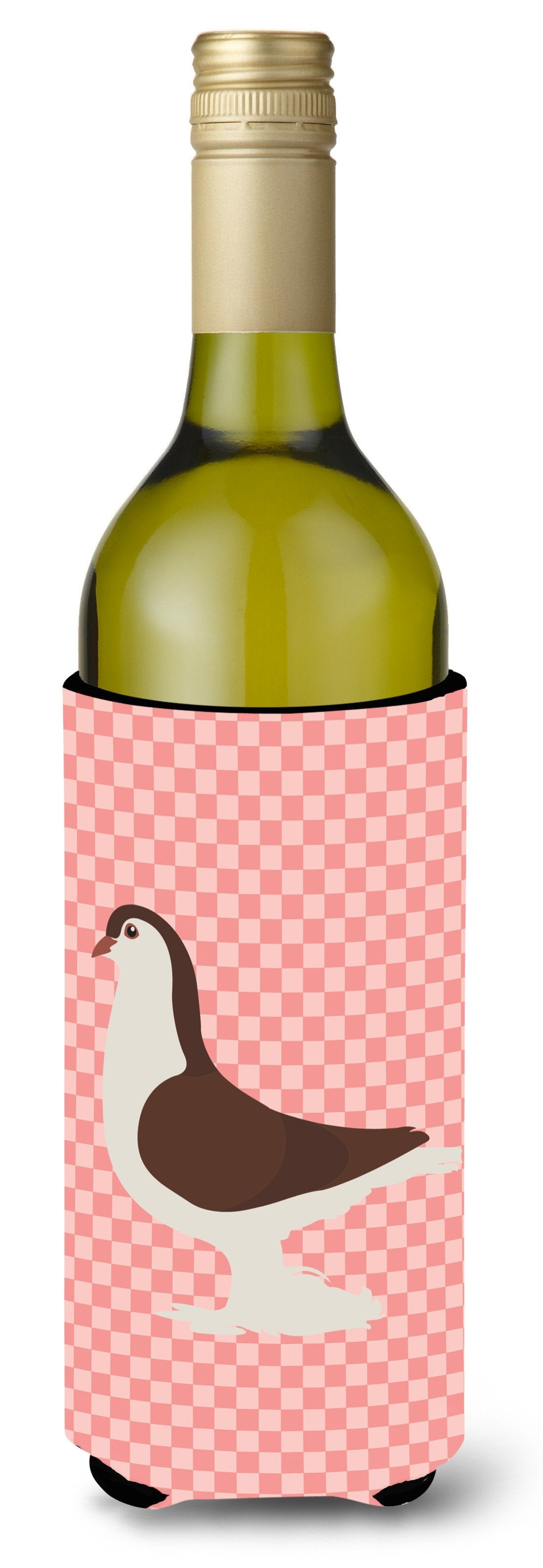 Large Pigeon Pink Check Wine Bottle Hugger Gift Sleeve for Standard 750 ml Bottles, Insulated Reusable Also Fits Mini Shot & Pint Bottles