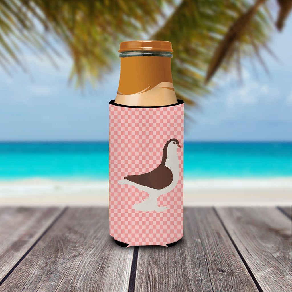 Large Pigeon Pink Check Slim Can Hugger , Insulated Foam Hugger for 12 oz Slim Cans, Beer Bottles & Water Bottles, Printed in USA