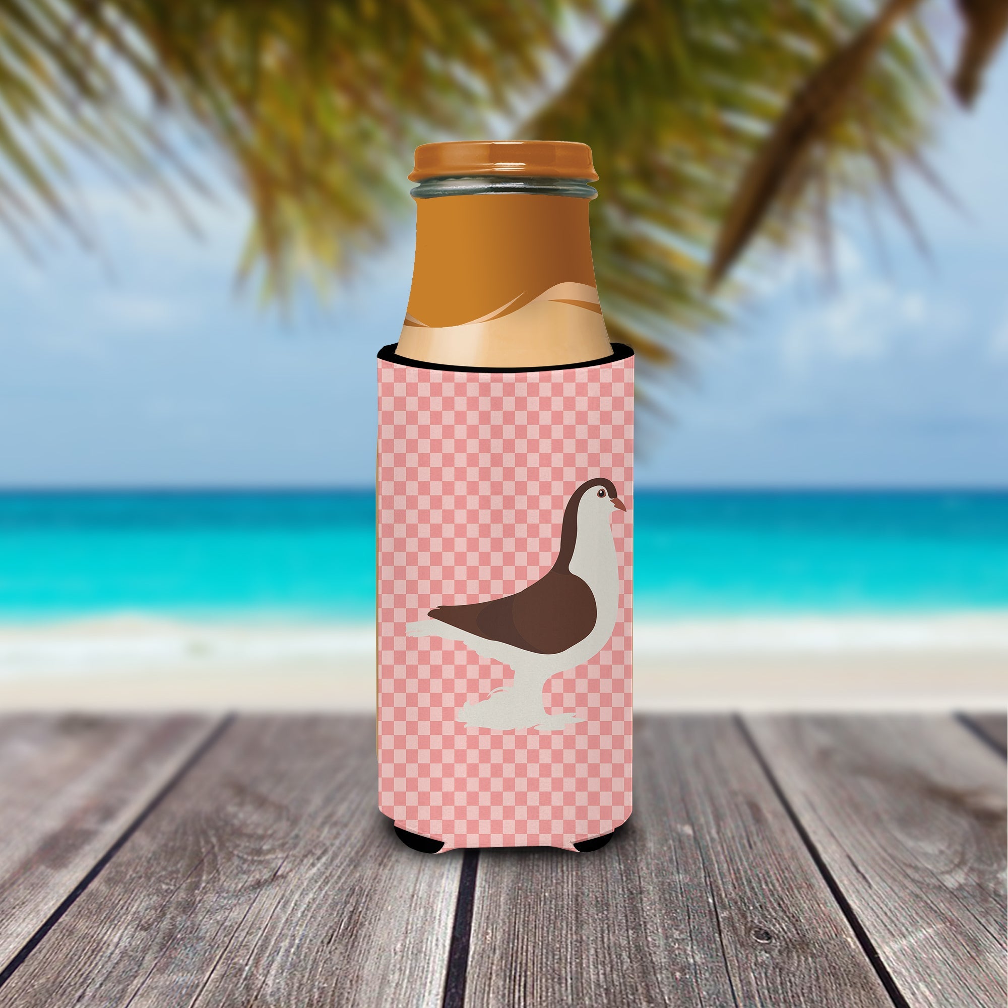 Large Pigeon Pink Check Slim Can Hugger , Insulated Foam Hugger for 12 oz Slim Cans, Beer Bottles & Water Bottles, Printed in USA