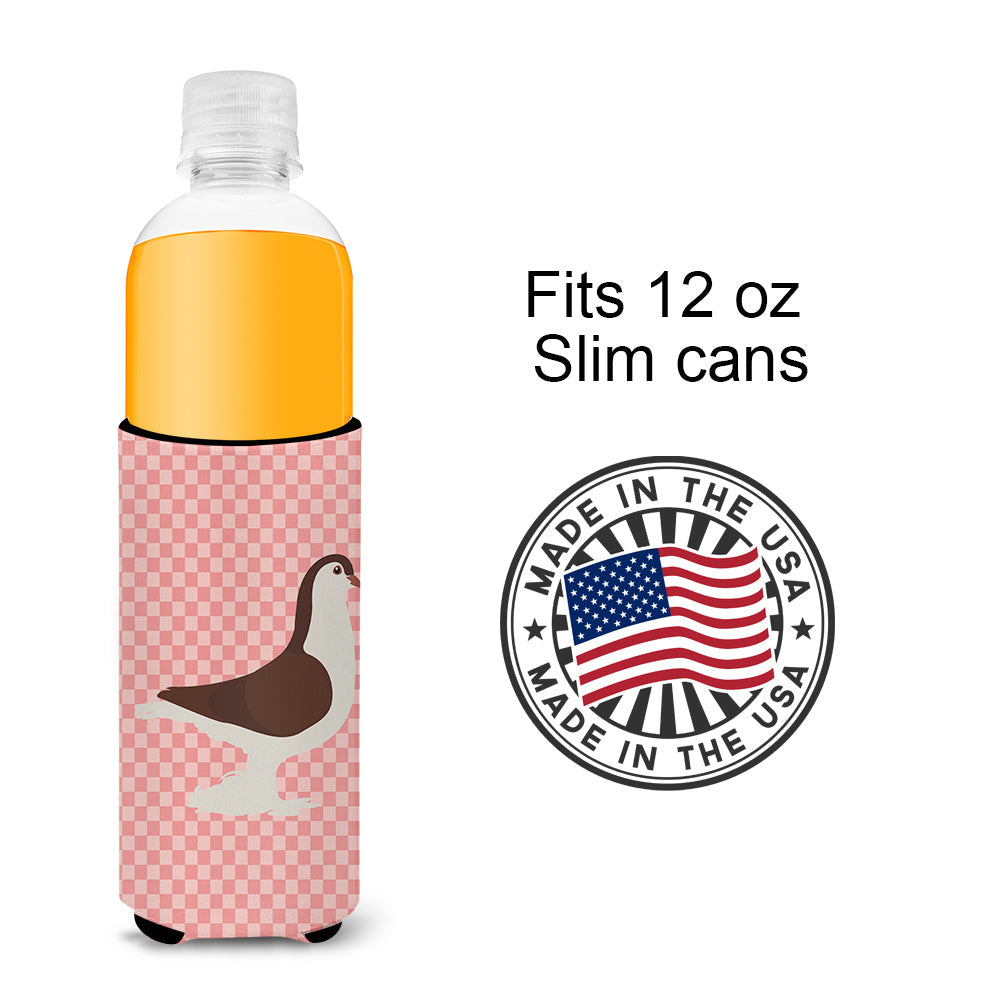 Large Pigeon Pink Check Slim Can Hugger , Insulated Foam Hugger for 12 oz Slim Cans, Beer Bottles & Water Bottles, Printed in USA