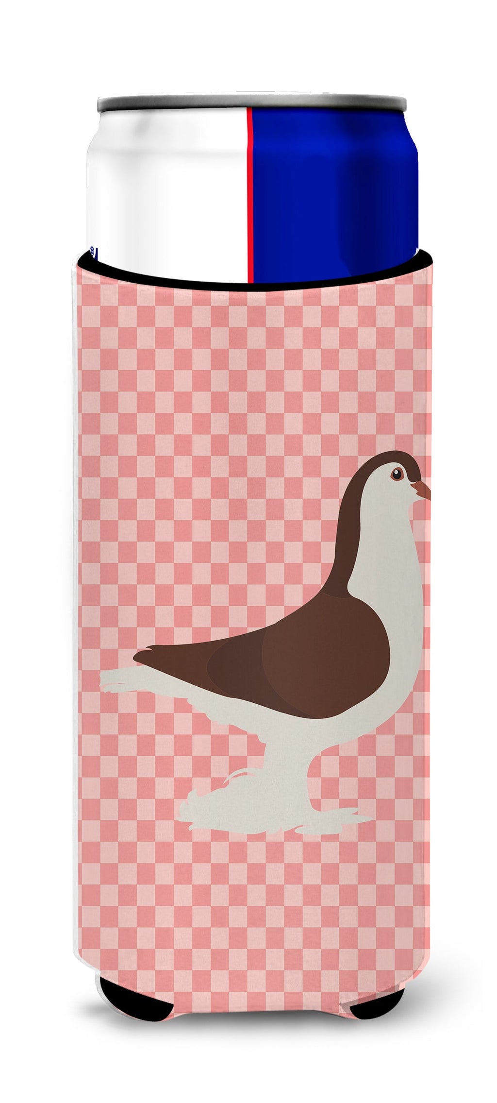 Large Pigeon Pink Check Slim Can Hugger , Insulated Foam Hugger for 12 oz Slim Cans, Beer Bottles & Water Bottles, Printed in USA