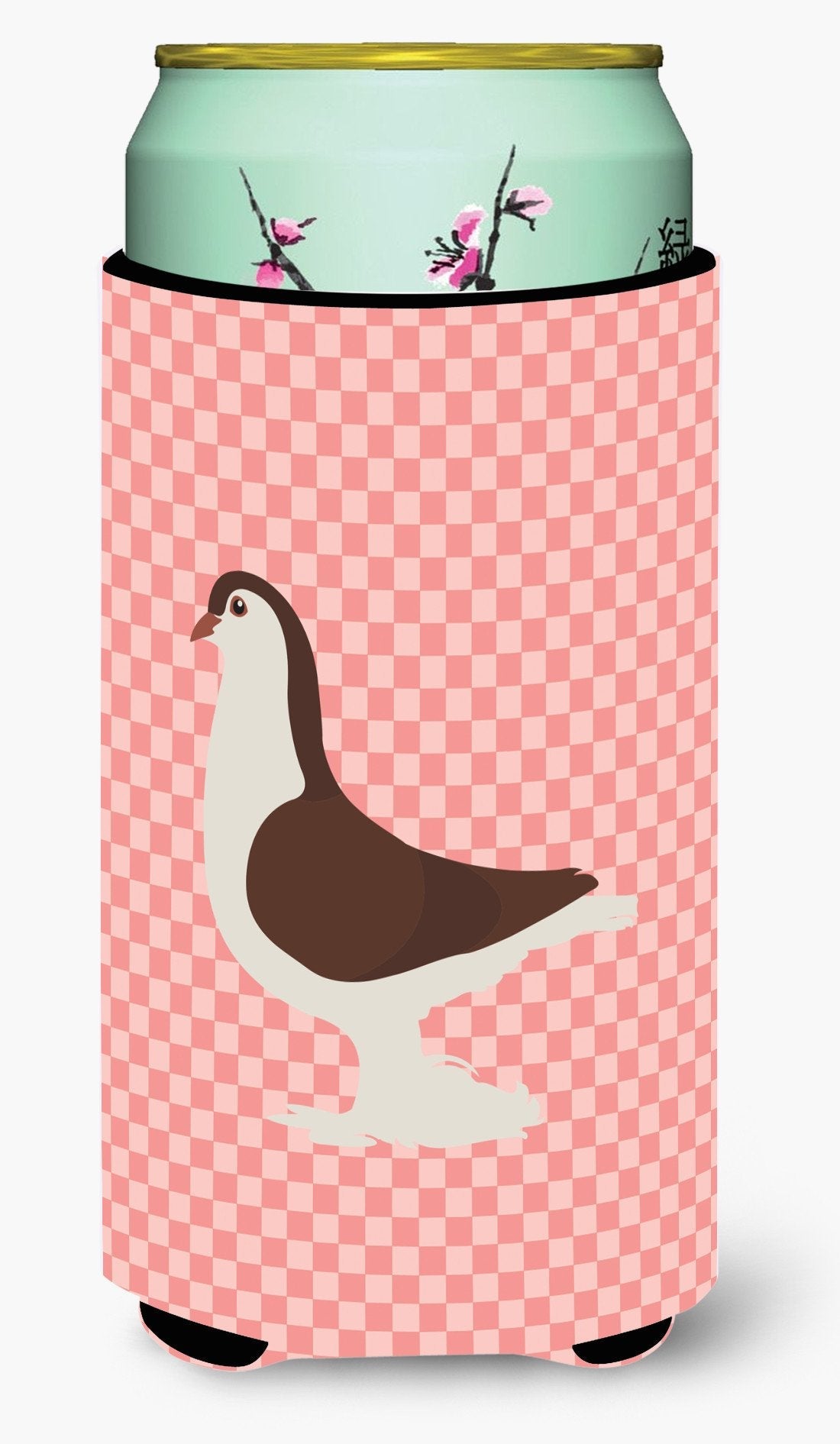Large Pigeon Pink Check Tall Boy Hugger Can Cooler Sleeve Machine Washable Drink Collapsible Insulator Beverage Insulated Holder