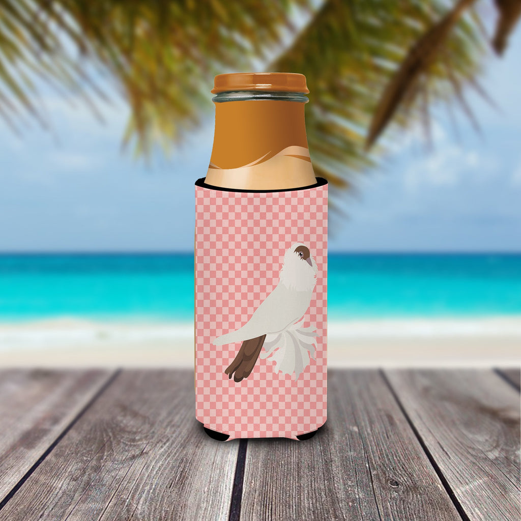 German Helmet Pigeon Pink Check Slim Can Hugger , Insulated Foam Hugger for 12 oz Slim Cans, Beer Bottles & Water Bottles, Printed in USA