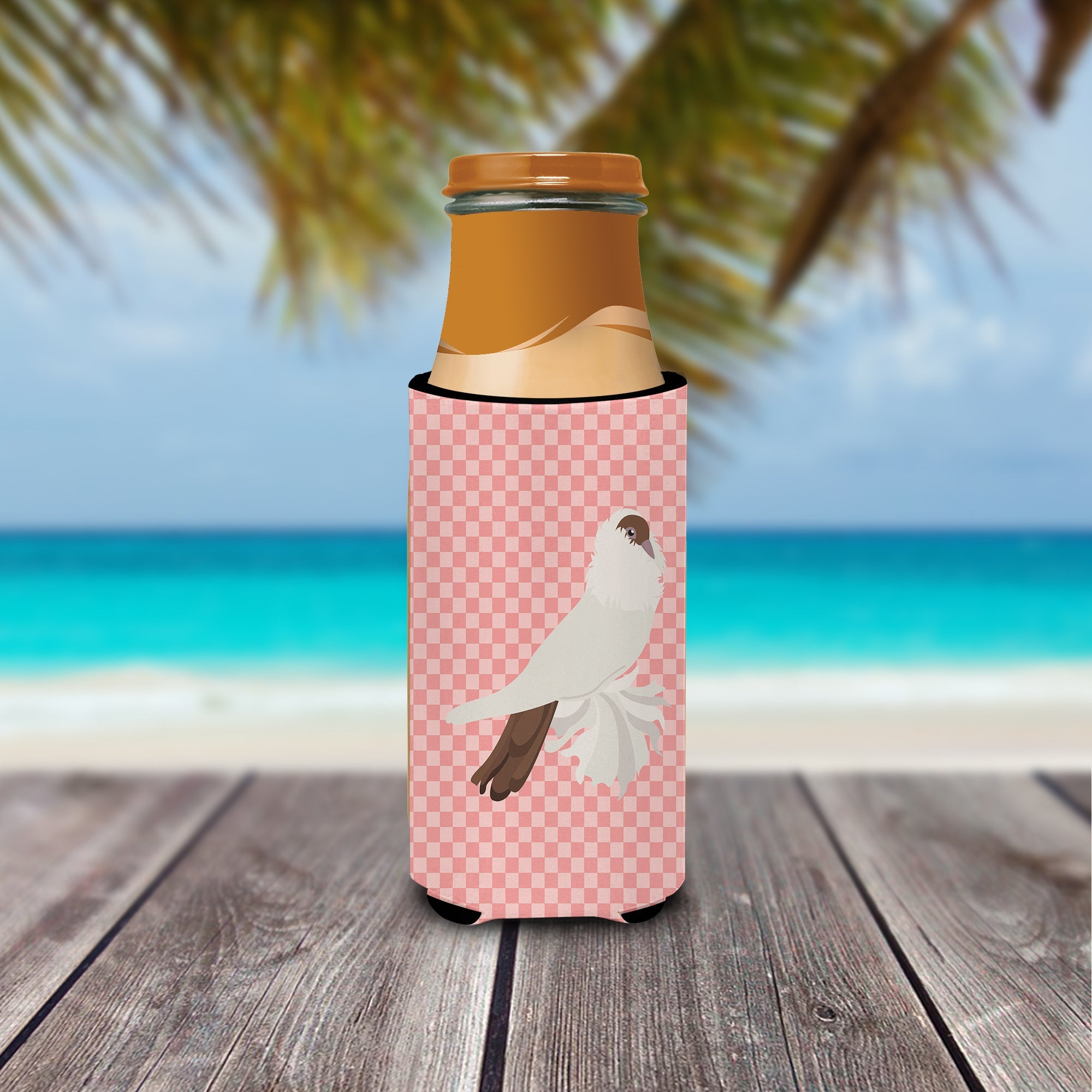 German Helmet Pigeon Pink Check Slim Can Hugger , Insulated Foam Hugger for 12 oz Slim Cans, Beer Bottles & Water Bottles, Printed in USA