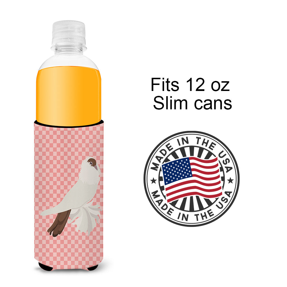 German Helmet Pigeon Pink Check Slim Can Hugger , Insulated Foam Hugger for 12 oz Slim Cans, Beer Bottles & Water Bottles, Printed in USA
