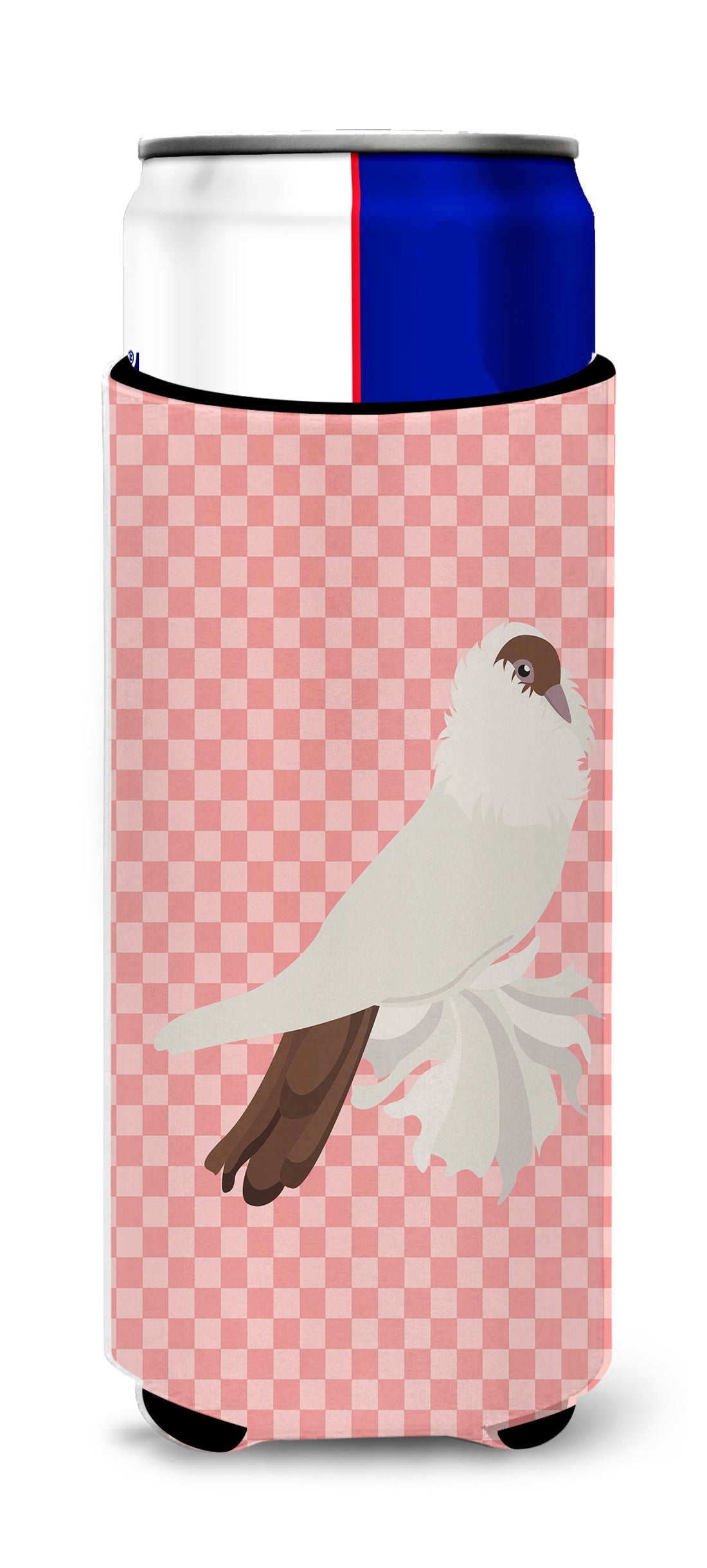 German Helmet Pigeon Pink Check Slim Can Hugger , Insulated Foam Hugger for 12 oz Slim Cans, Beer Bottles & Water Bottles, Printed in USA