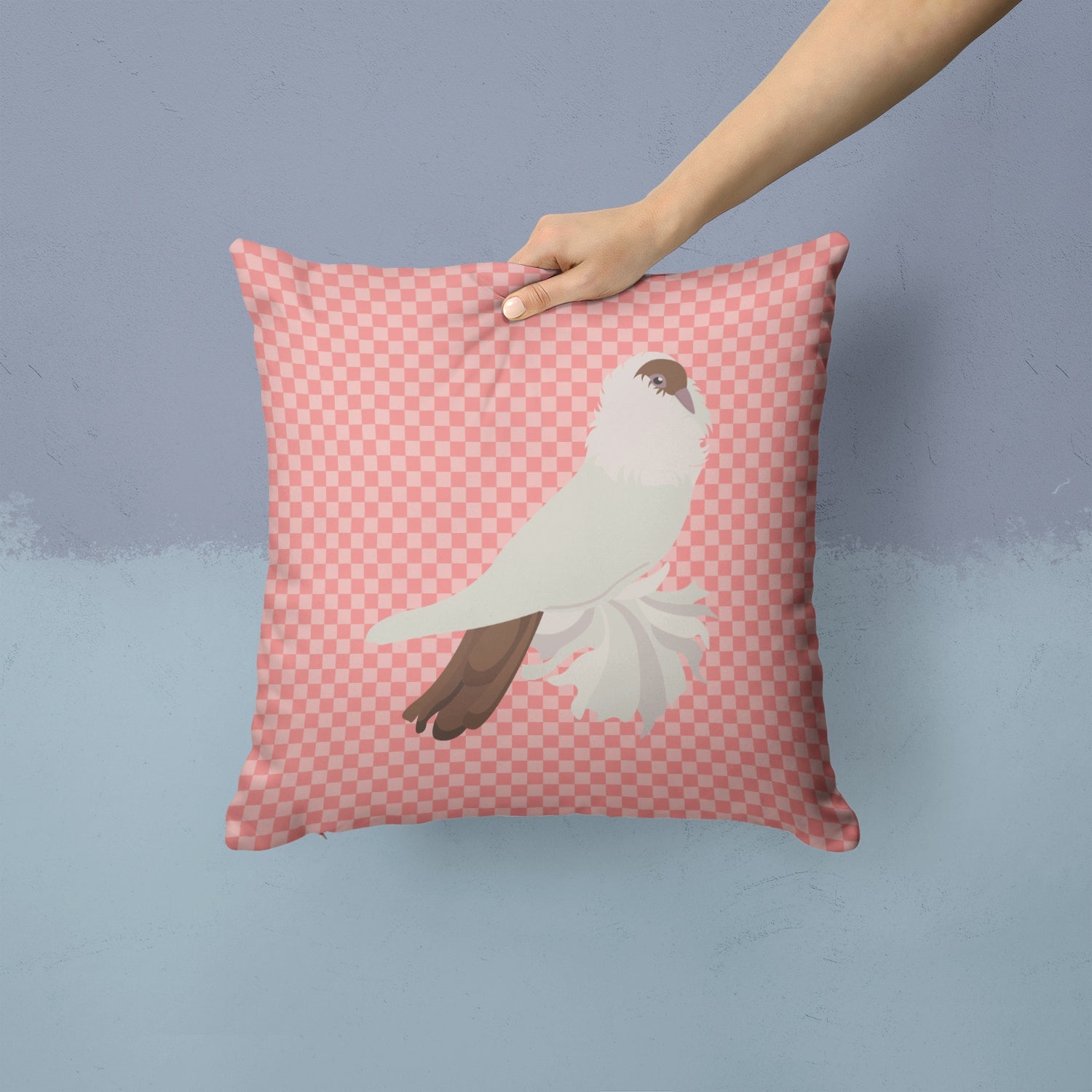 German Helmet Pigeon Pink Check Decorative Throw Pillow 14x14 Indoor Outdoor Accent Cushion, Fabric Cover with Insert for Sofa, Bed, Porch & Living Room