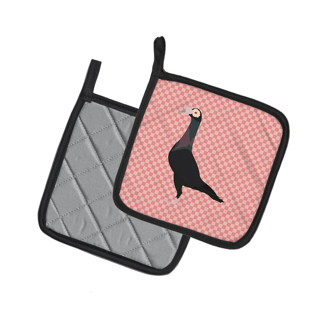 English Carrier Pigeon Pink Check Pot Holder Set of 2 Heat Resistant Quilted Hot Pads 7.5 x 7.5 Inch, Insulated Kitchen Trivets for Cooking & Baking
