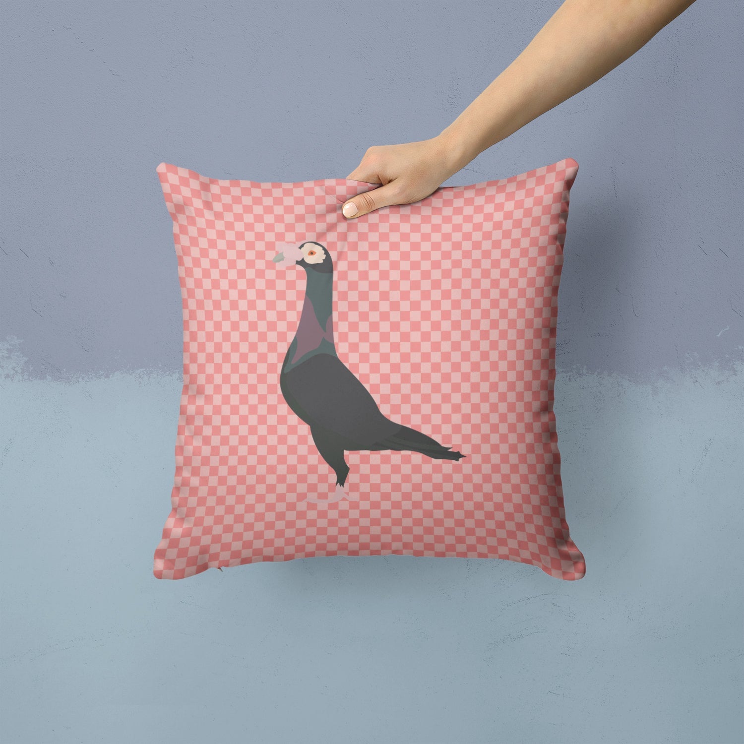 English Carrier Pigeon Pink Check Decorative Throw Pillow 14x14 Indoor Outdoor Accent Cushion, Fabric Cover with Insert for Sofa, Bed, Porch & Living Room