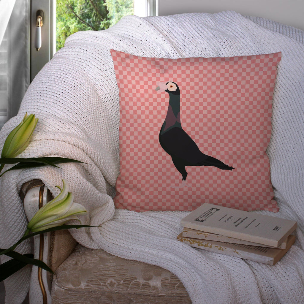 English Carrier Pigeon Pink Check Decorative Throw Pillow 14x14 Indoor Outdoor Accent Cushion, Fabric Cover with Insert for Sofa, Bed, Porch & Living Room