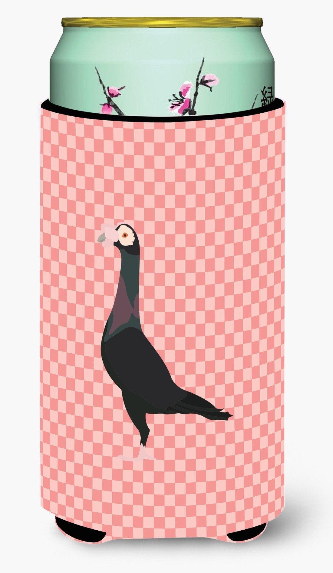 English Carrier Pigeon Pink Check Tall Boy Hugger Can Cooler Sleeve Machine Washable Drink Collapsible Insulator Beverage Insulated Holder