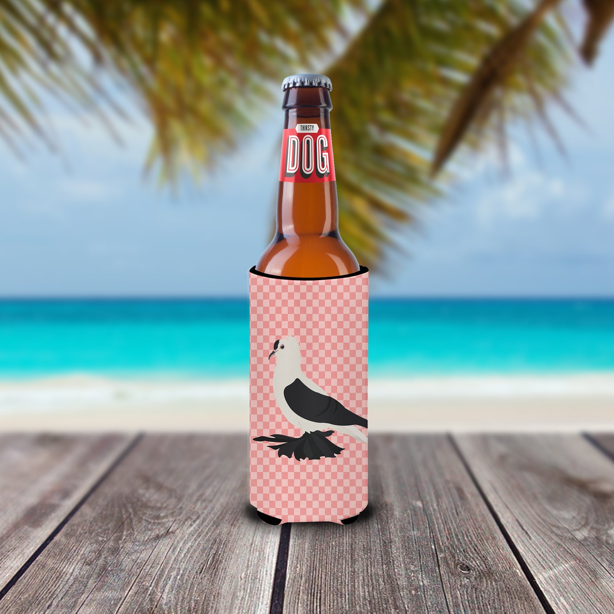 Saxon Fairy Swallow Pigeon Pink Check Slim Can Hugger , Insulated Foam Hugger for 12 oz Slim Cans, Beer Bottles & Water Bottles, Printed in USA
