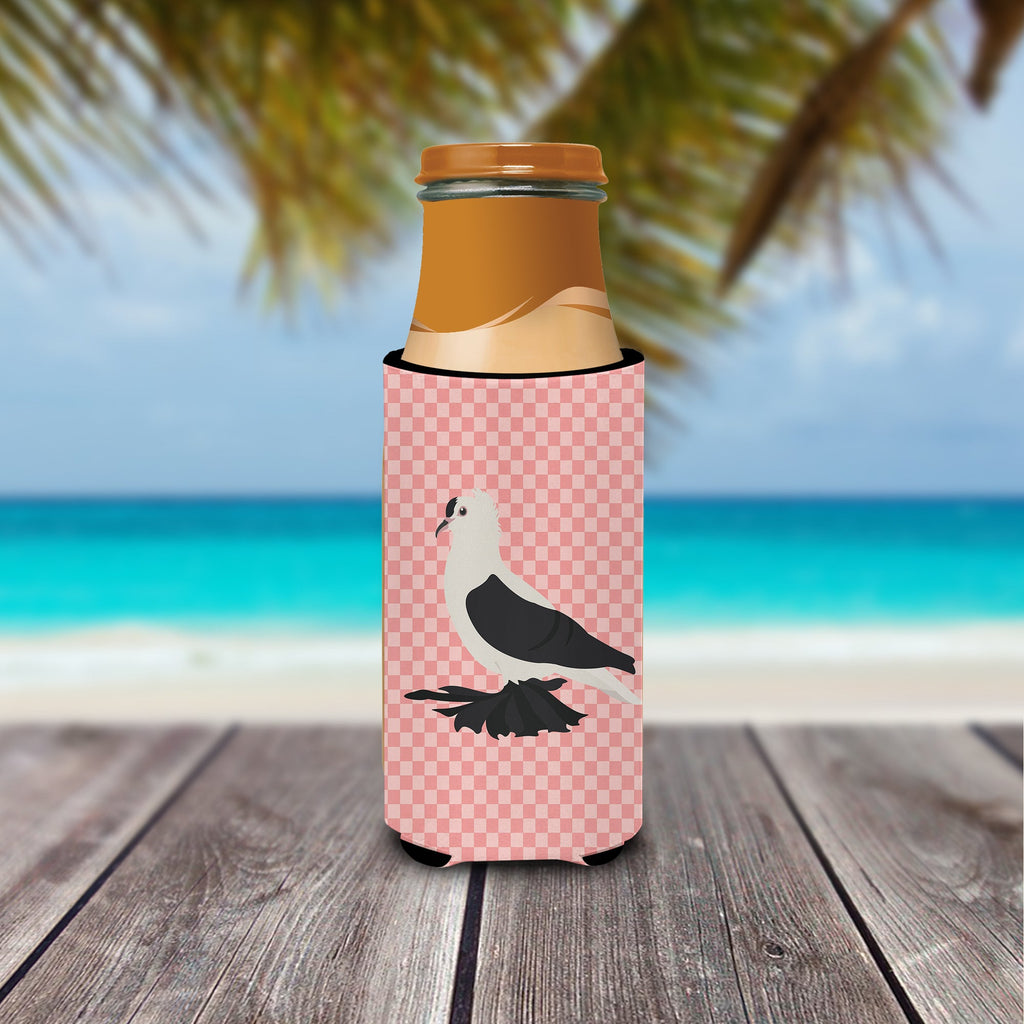 Saxon Fairy Swallow Pigeon Pink Check Slim Can Hugger , Insulated Foam Hugger for 12 oz Slim Cans, Beer Bottles & Water Bottles, Printed in USA