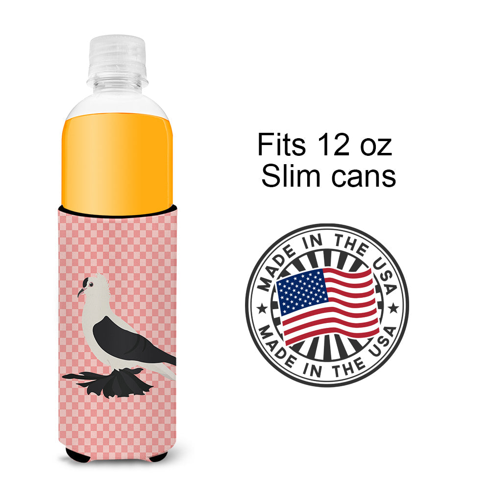 Saxon Fairy Swallow Pigeon Pink Check Slim Can Hugger , Insulated Foam Hugger for 12 oz Slim Cans, Beer Bottles & Water Bottles, Printed in USA