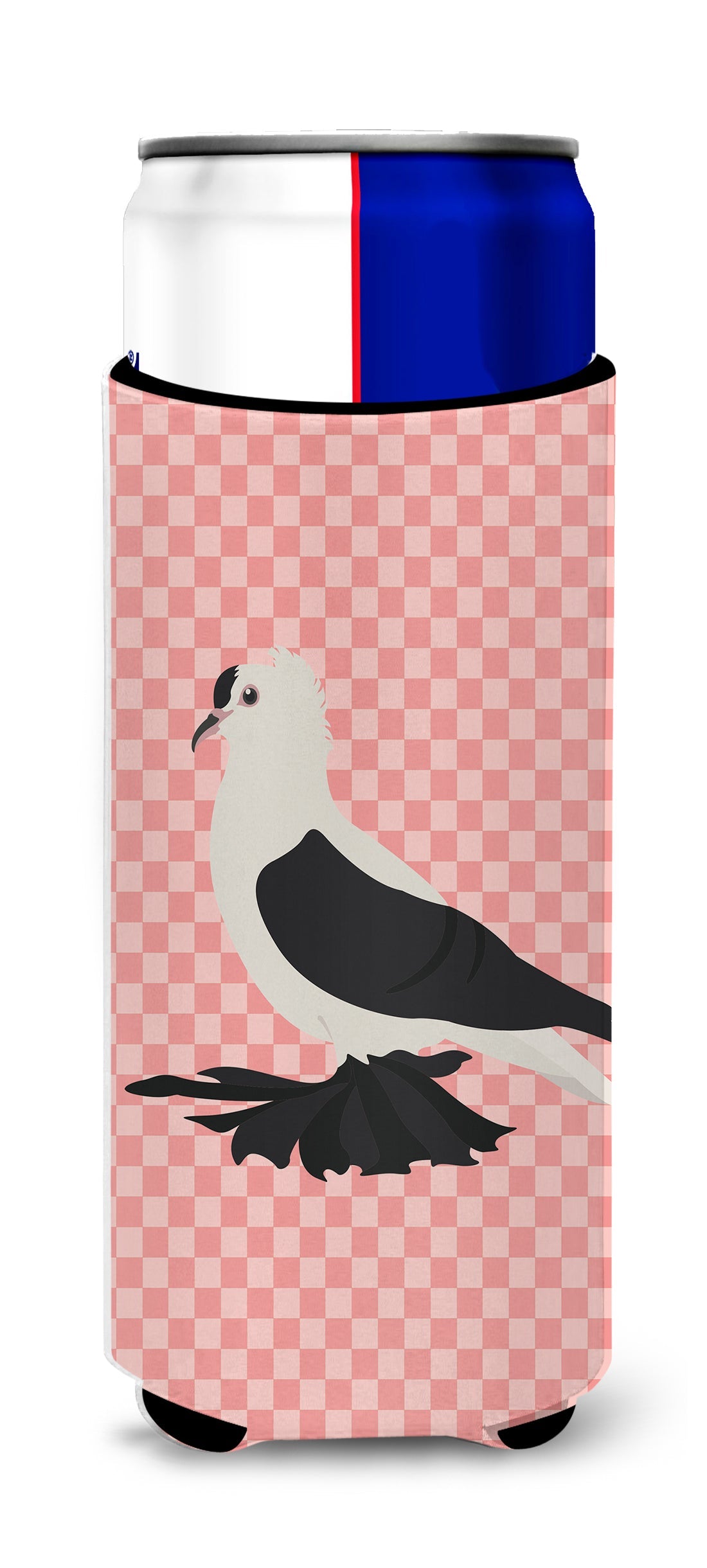 Saxon Fairy Swallow Pigeon Pink Check Slim Can Hugger , Insulated Foam Hugger for 12 oz Slim Cans, Beer Bottles & Water Bottles, Printed in USA