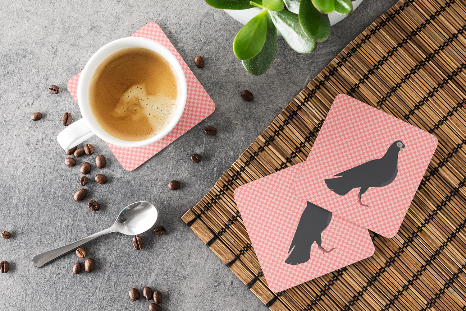 Budapest Highflyer Pigeon Pink Check Foam Coasters Set of 4 Cup Coasters for Indoor Outdoor, Tabletop Protection, Anti Slip, Mouse pad Material