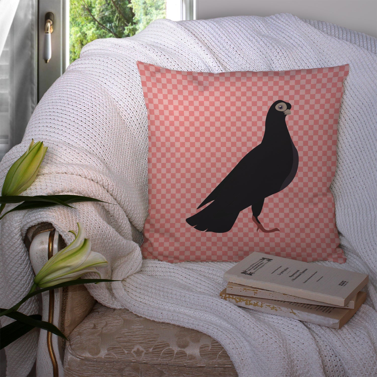 Budapest Highflyer Pigeon Pink Check Decorative Throw Pillow 14x14 Indoor Outdoor Accent Cushion, Fabric Cover with Insert for Sofa, Bed, Porch & Living Room