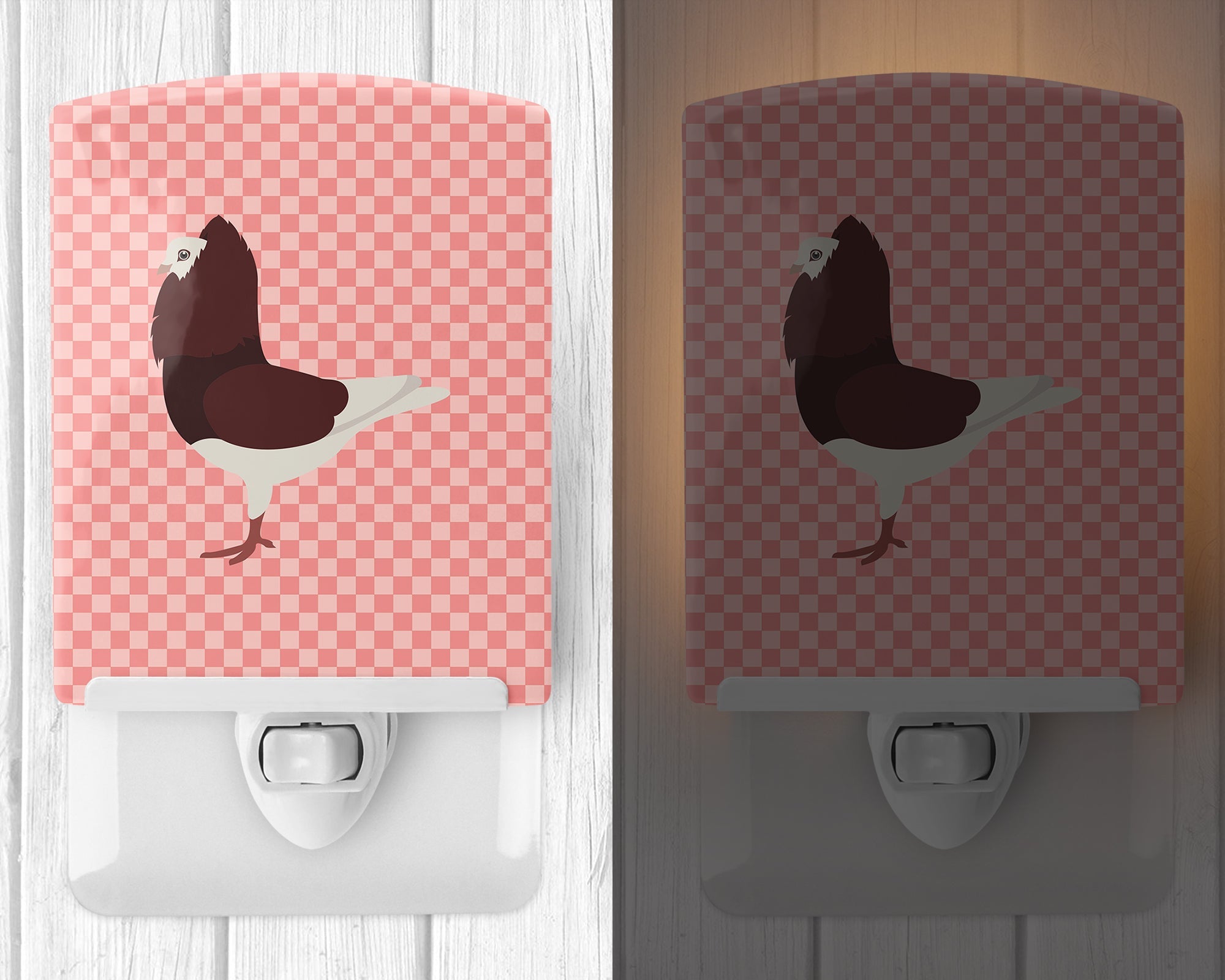 Capuchin Red Pigeon Pink Check Ceramic Night Light Compact, UL-Certified, Ideal for Bedroom, Bathroom, Nursery, Hallway, Kitchen, 6x4x3, Multicolor