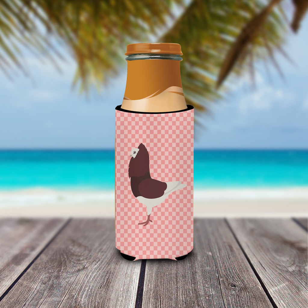 Capuchin Red Pigeon Pink Check Slim Can Hugger , Insulated Foam Hugger for 12 oz Slim Cans, Beer Bottles & Water Bottles, Printed in USA