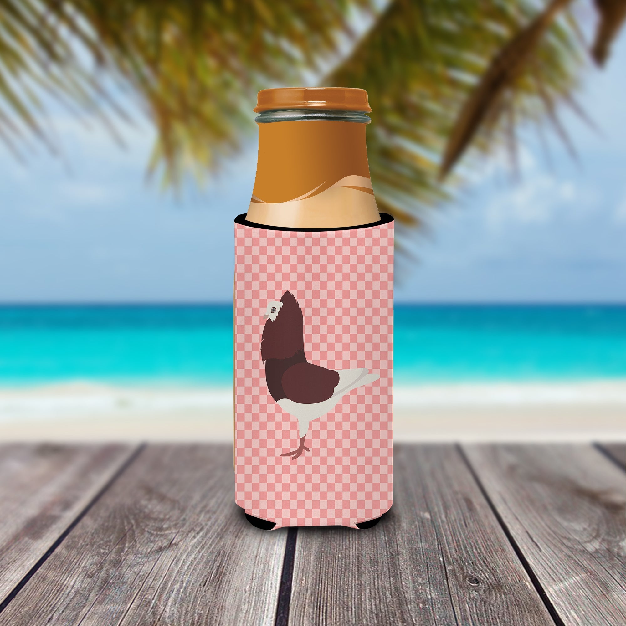 Capuchin Red Pigeon Pink Check Slim Can Hugger , Insulated Foam Hugger for 12 oz Slim Cans, Beer Bottles & Water Bottles, Printed in USA