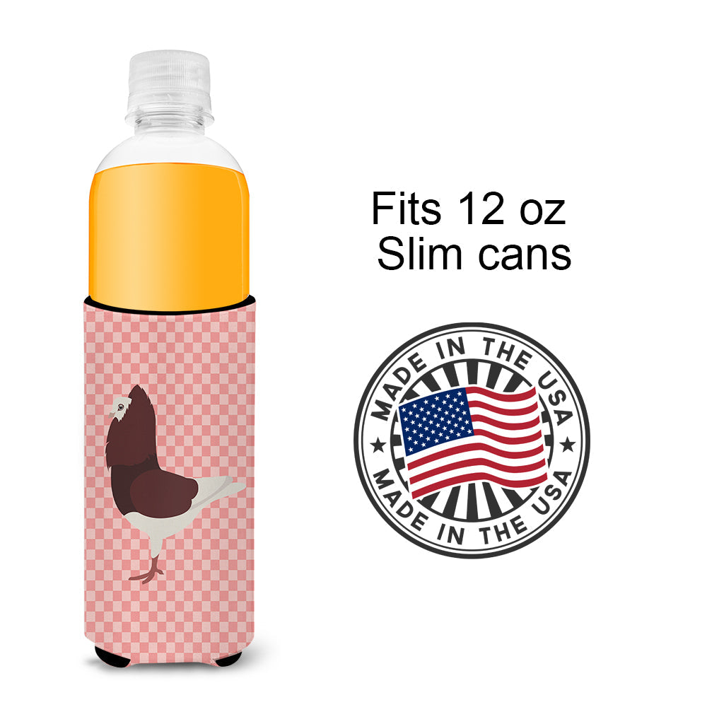 Capuchin Red Pigeon Pink Check Slim Can Hugger , Insulated Foam Hugger for 12 oz Slim Cans, Beer Bottles & Water Bottles, Printed in USA