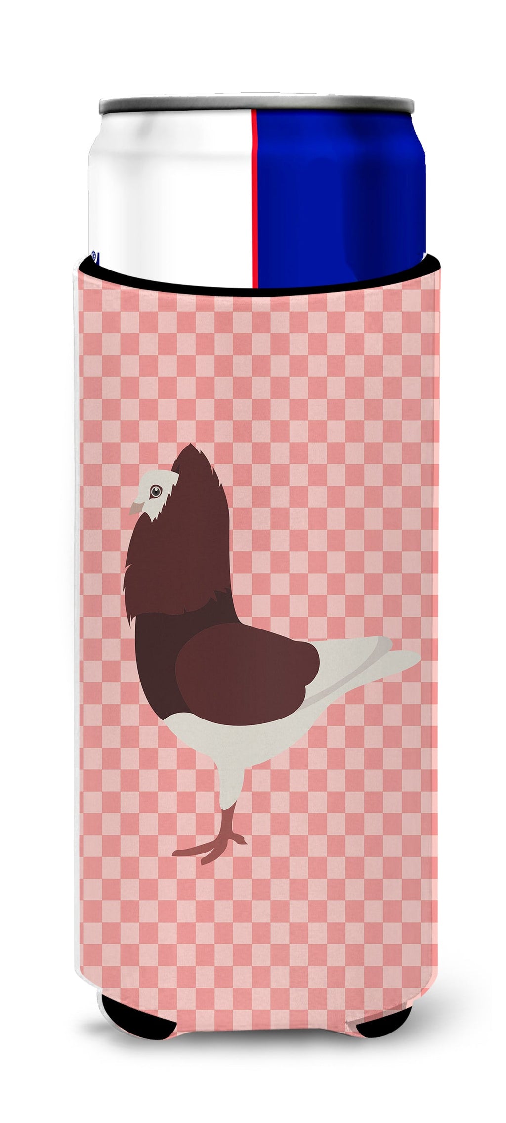 Capuchin Red Pigeon Pink Check Slim Can Hugger , Insulated Foam Hugger for 12 oz Slim Cans, Beer Bottles & Water Bottles, Printed in USA
