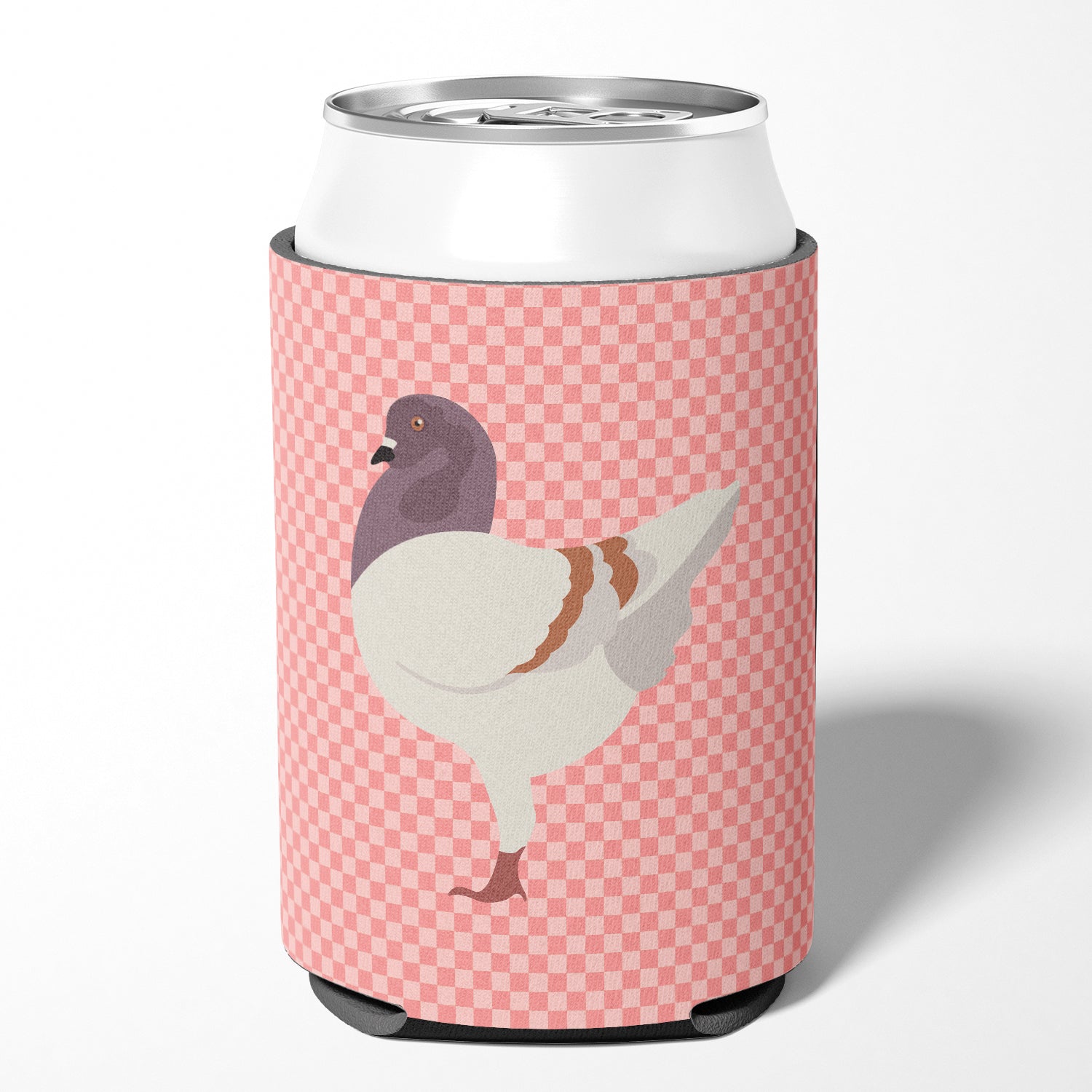 German Modena Pigeon Pink Check Can or Bottle Hugger Cooler Sleeve for Standard 12 oz Cans, Insulated Foam Beer & Soda Can Hugger Reusable