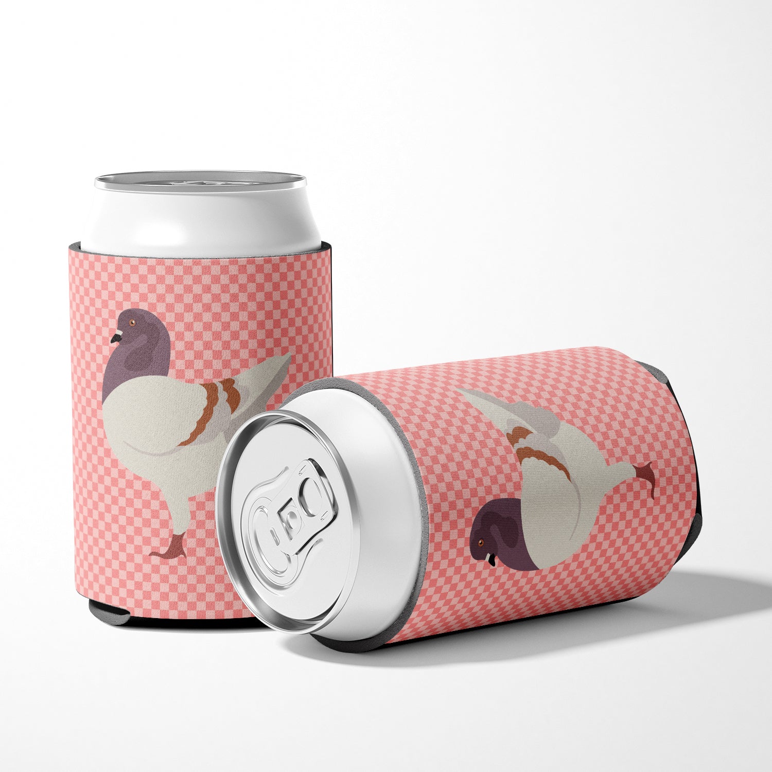 German Modena Pigeon Pink Check Can or Bottle Hugger Cooler Sleeve for Standard 12 oz Cans, Insulated Foam Beer & Soda Can Hugger Reusable