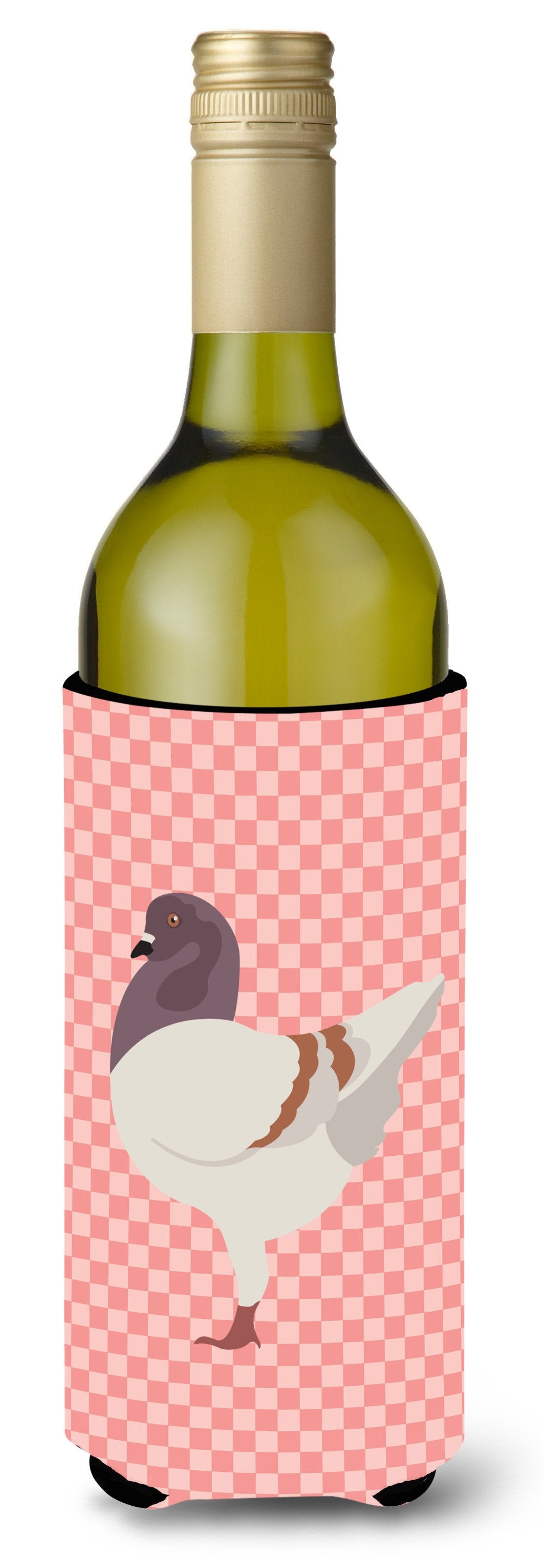 German Modena Pigeon Pink Check Wine Bottle Hugger Gift Sleeve for Standard 750 ml Bottles, Insulated Reusable Also Fits Mini Shot & Pint Bottles