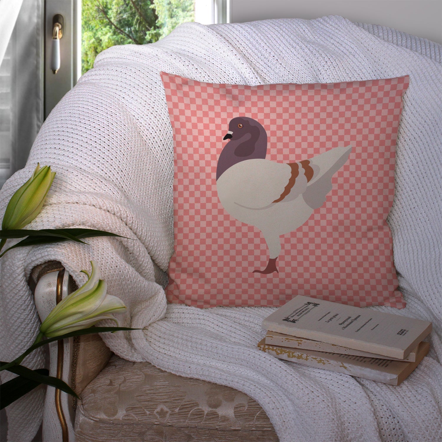 German Modena Pigeon Pink Check Decorative Throw Pillow 14x14 Indoor Outdoor Accent Cushion, Fabric Cover with Insert for Sofa, Bed, Porch & Living Room
