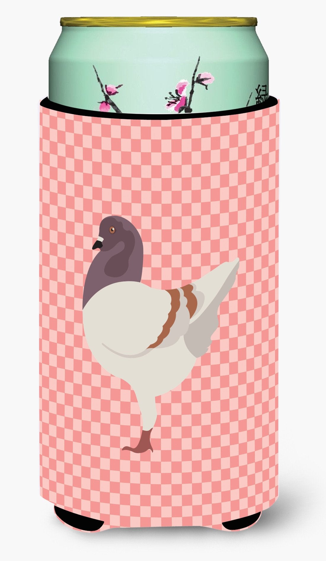 German Modena Pigeon Pink Check Tall Boy Hugger Can Cooler Sleeve Machine Washable Drink Collapsible Insulator Beverage Insulated Holder