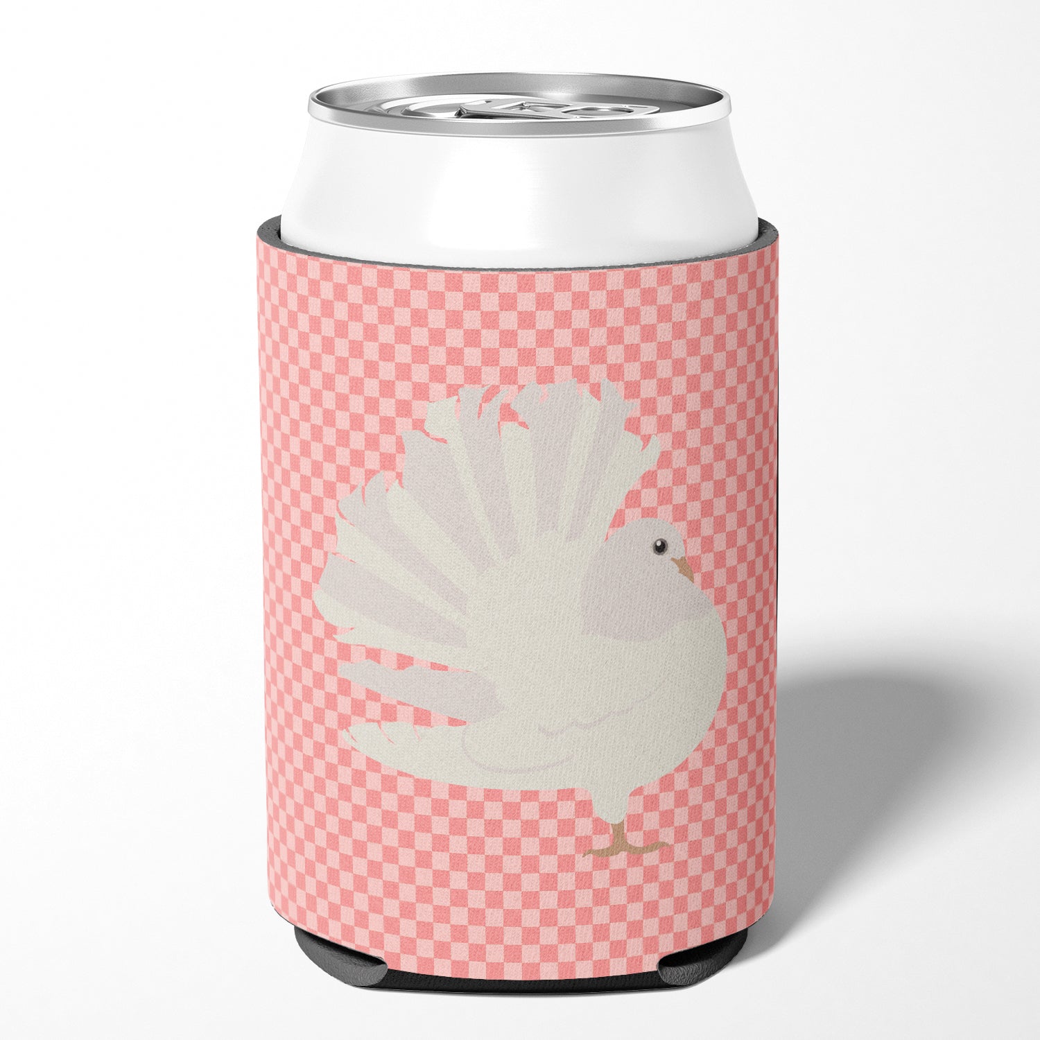 Silver Fantail Pigeon Pink Check Can or Bottle Hugger Cooler Sleeve for Standard 12 oz Cans, Insulated Foam Beer & Soda Can Hugger Reusable