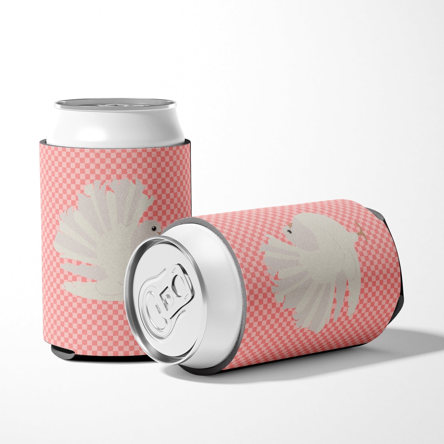 Silver Fantail Pigeon Pink Check Can or Bottle Hugger Cooler Sleeve for Standard 12 oz Cans, Insulated Foam Beer & Soda Can Hugger Reusable