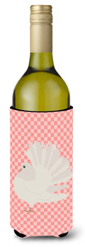 Silver Fantail Pigeon Pink Check Wine Bottle Hugger Gift Sleeve for Standard 750 ml Bottles, Insulated Reusable Also Fits Mini Shot & Pint Bottles