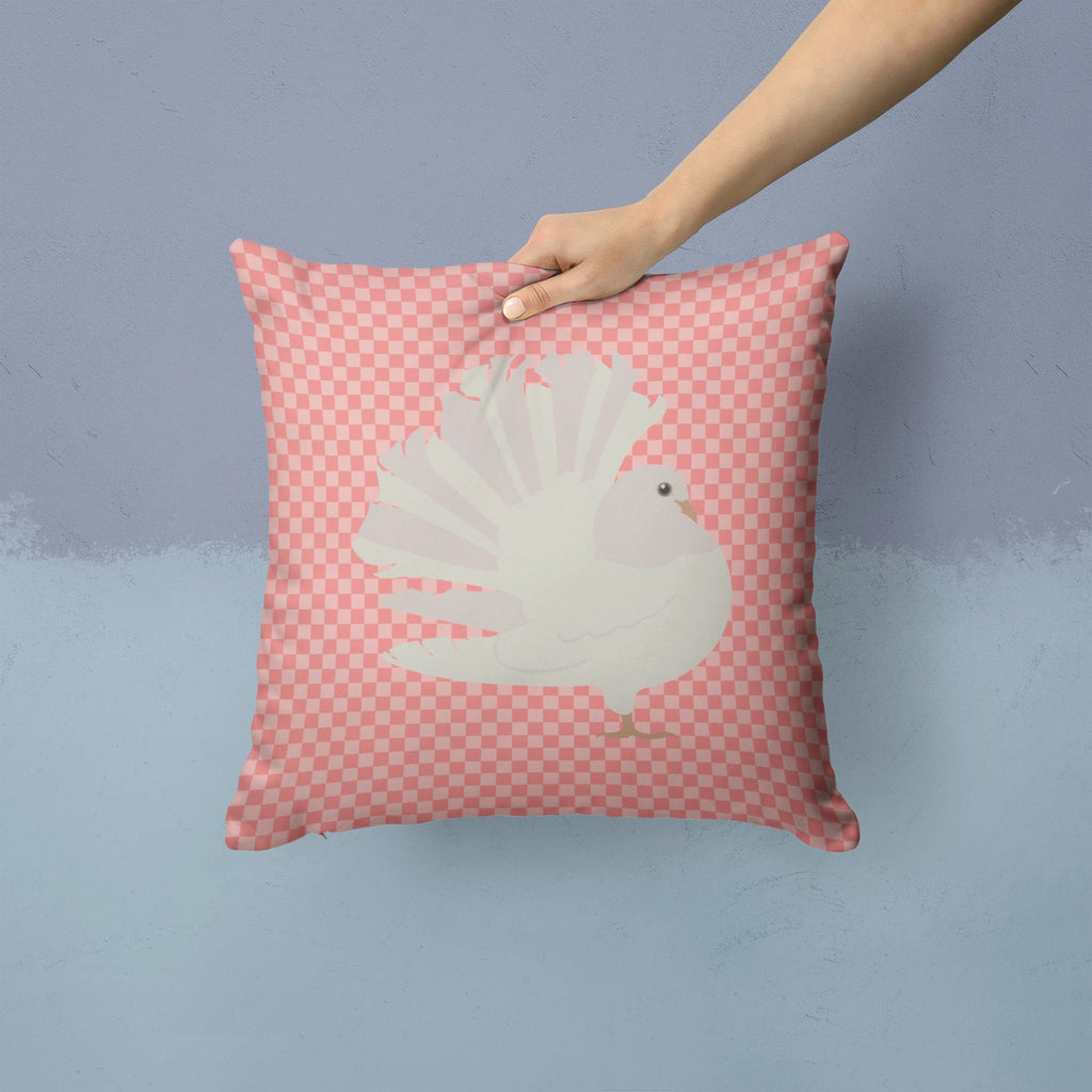 Silver Fantail Pigeon Pink Check Decorative Throw Pillow 14x14 Indoor Outdoor Accent Cushion, Fabric Cover with Insert for Sofa, Bed, Porch & Living Room
