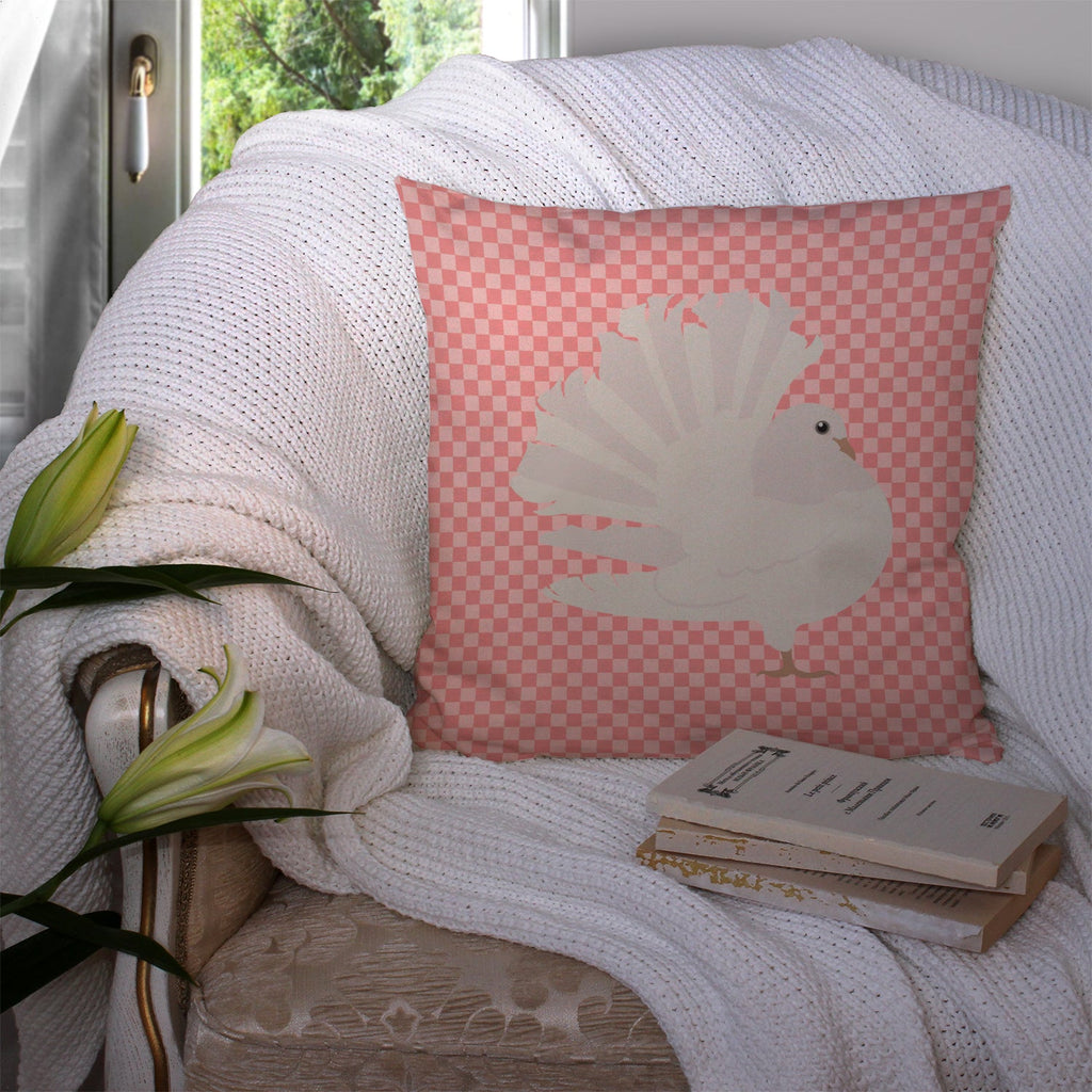 Silver Fantail Pigeon Pink Check Decorative Throw Pillow 14x14 Indoor Outdoor Accent Cushion, Fabric Cover with Insert for Sofa, Bed, Porch & Living Room