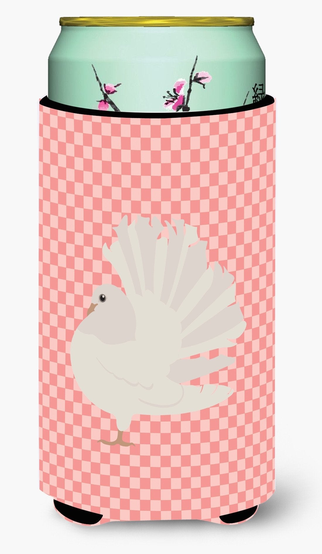 Silver Fantail Pigeon Pink Check Tall Boy Hugger Can Cooler Sleeve Machine Washable Drink Collapsible Insulator Beverage Insulated Holder